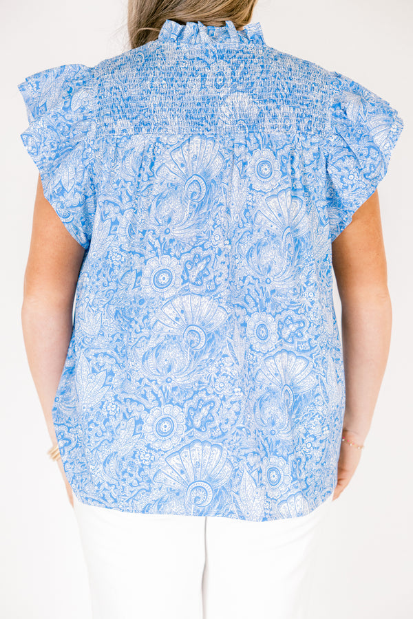 Chic Soul plus size clothing, blue and white floral print flutter sleeve high neck top with v neck cutout 