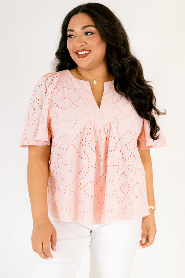 Chic Soul plus size clothing, light blush pink short flutter sleeve top with eyelet detailing and a v neck cutout 
