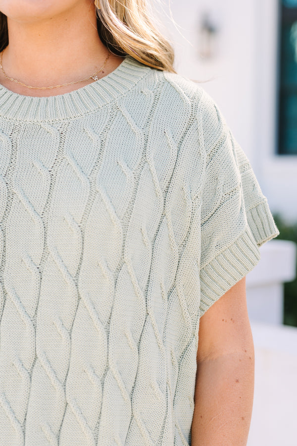 Chic soul plus size clothing, light dusty green short sleeve cable knit sweater top