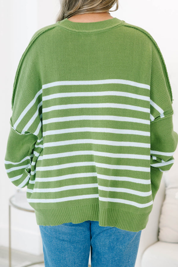 Plus Size olive green and white striped knit sweater with a crew neck and long bubble sleeves.