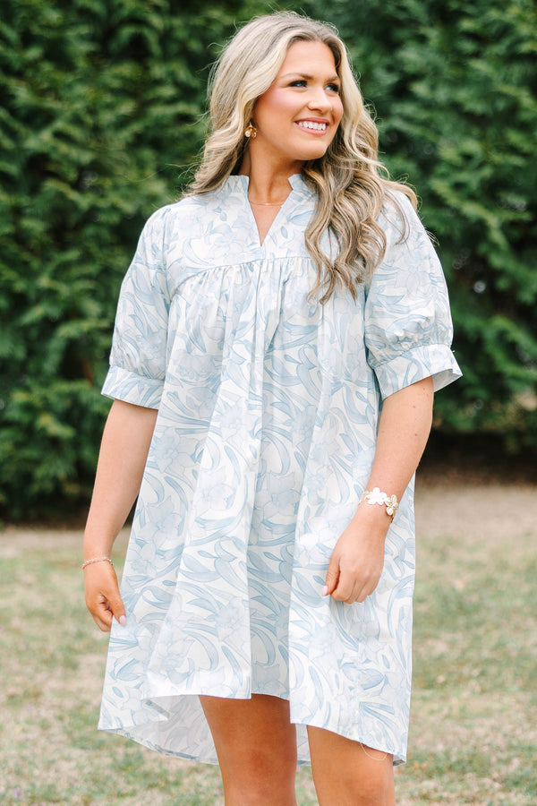 Chic Soul plus size clothing, light mint blue and green abstract watercolor pattern short puff sleeve baby doll dress with v neckline cutout