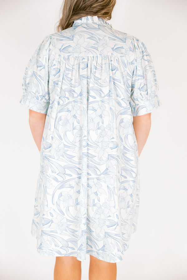 Chic Soul plus size clothing, light mint blue and green abstract watercolor pattern short puff sleeve baby doll dress with v neckline cutout