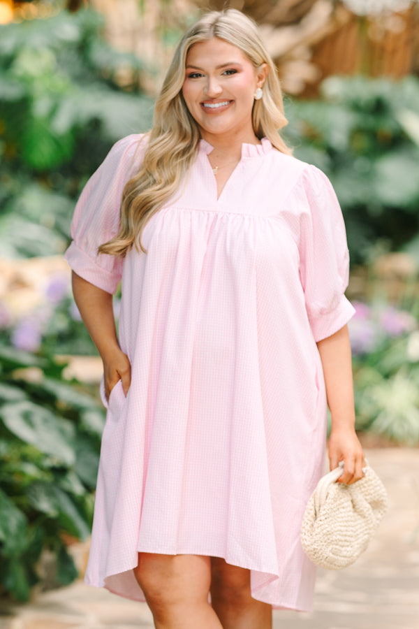 Chic Soul plus size clothing, light pink gingham short puff sleeve baby doll dress with v neckline and ruffle collar