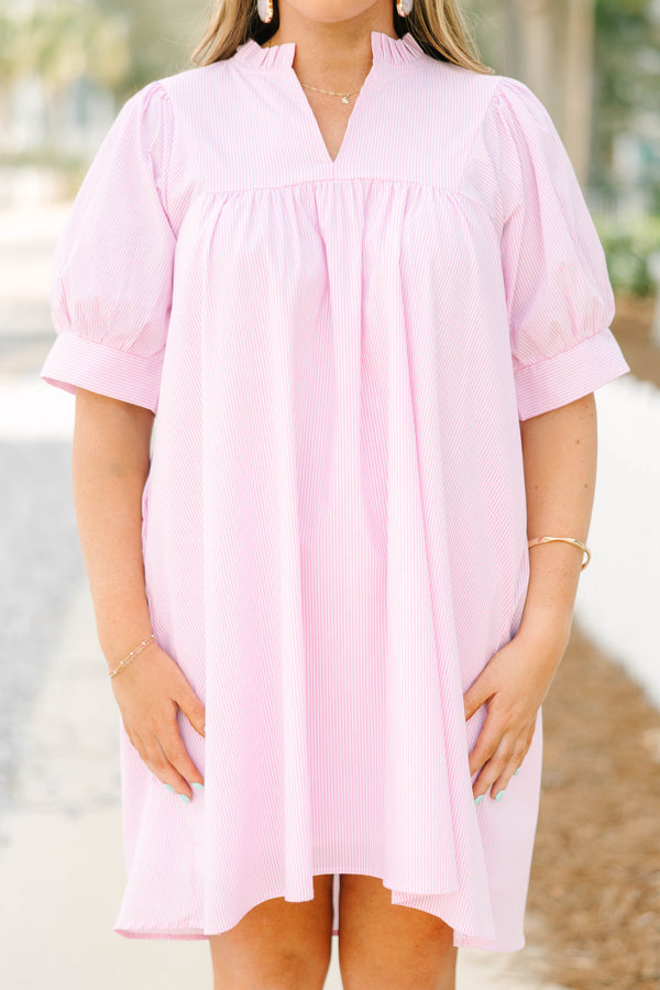 Chic Soul plus size clothing, pink and white thin pin stripe short sleeve short dress with v-neckline