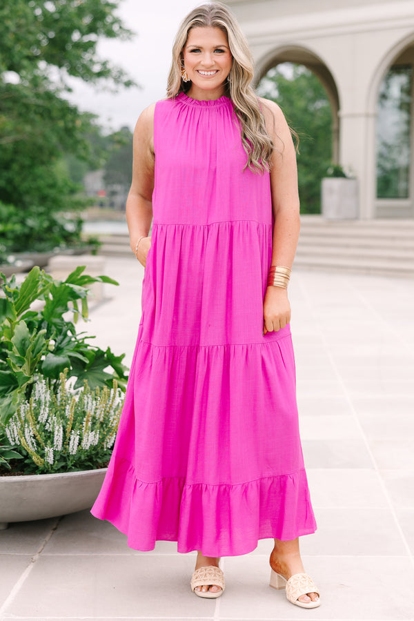 Chic Soul plus size clothing, sleeveless hot pink tiered maxi dress with rufflled high neckline
