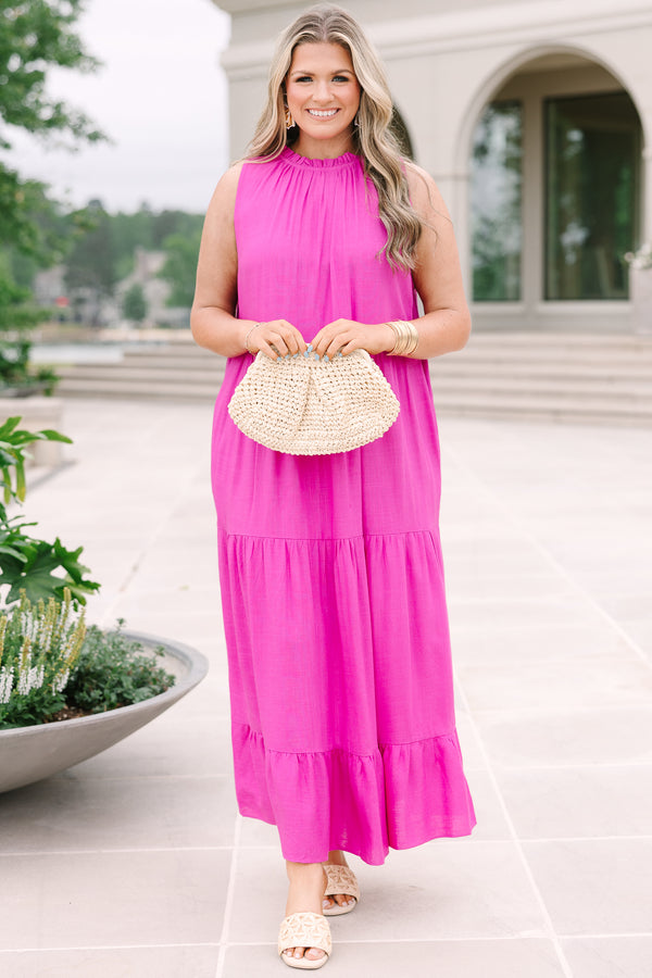 Chic Soul plus size clothing, sleeveless hot pink tiered maxi dress with rufflled high neckline