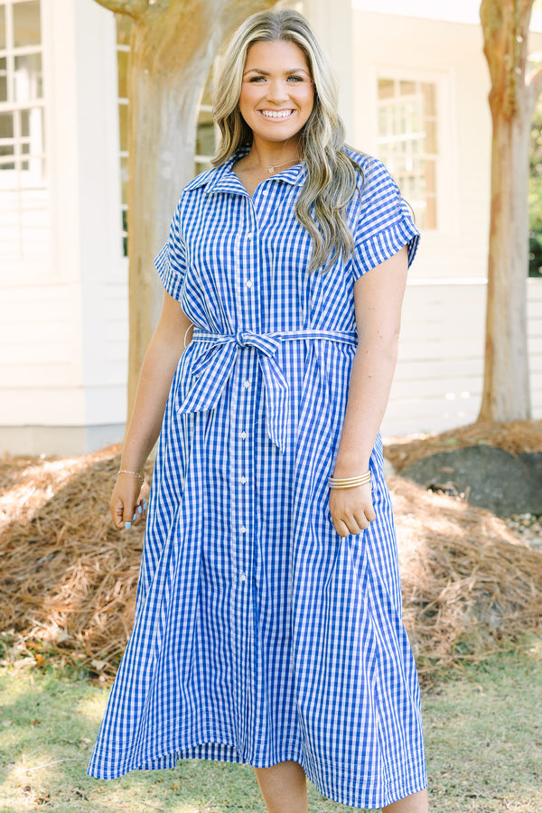 Chic Soul plus size clothing, royal blue gingham print short sleeve button up collared maxi dress with tie belt at the waist 