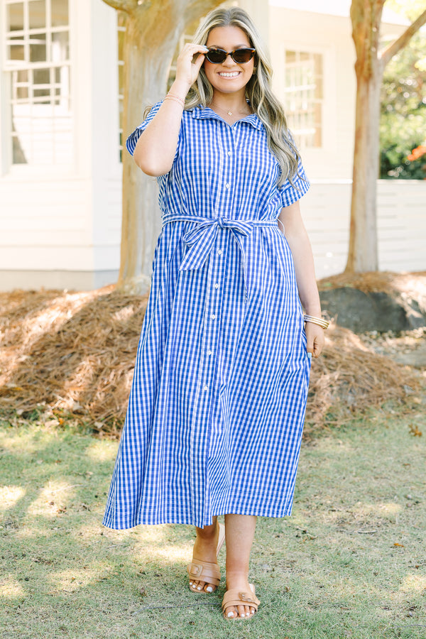 Chic Soul plus size clothing, royal blue gingham print short sleeve button up collared maxi dress with tie belt at the waist 