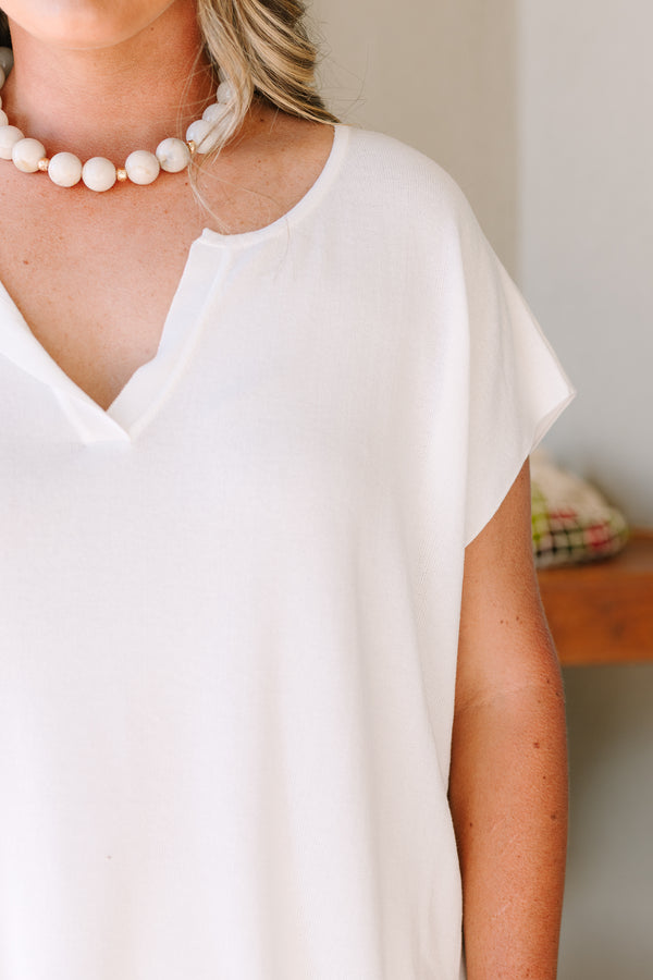 Plus Size short sleeve v-neck sweater in off-white with a relaxed fit and breathable fabric.