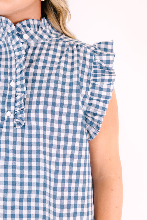 Chic Soul plus size clothing, blue gingham short sleeve top with ruffle sleeves and neckline