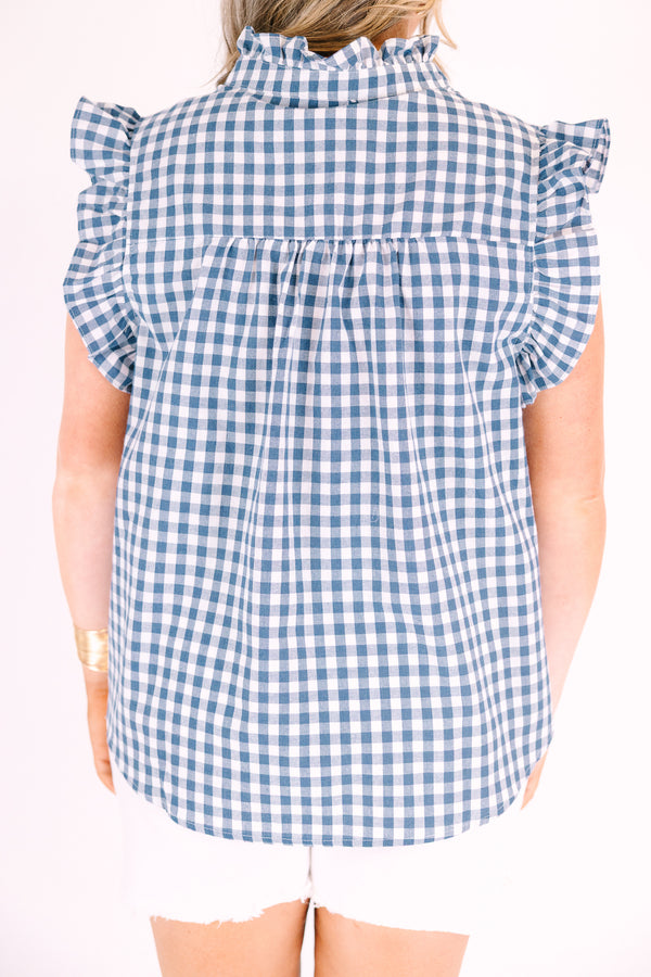 Chic Soul plus size clothing, blue gingham short sleeve top with ruffle sleeves and neckline