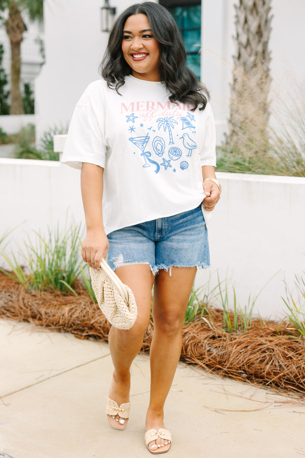 Chic Soul plus size clothing, white graphic tee with beachy line drawings on the shirt and the saying 