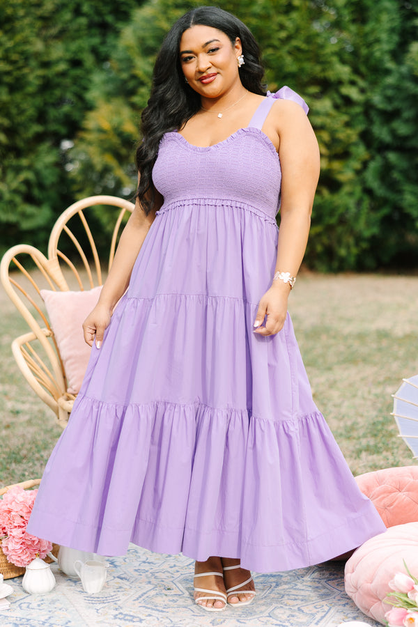 Chic Soul plus size clothing, light purple tiered maxi dress with ribbon tie sleeves