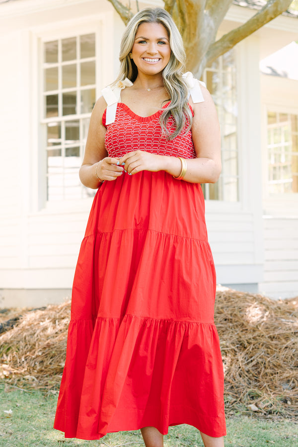 Chic Soul plus size clothing, red sleeveless maxi dress with tiered detail with smocked top with scoop neckline with tie strap detail 