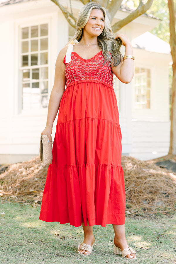 Chic Soul plus size clothing, red sleeveless maxi dress with tiered detail with smocked top with scoop neckline with tie strap detail 