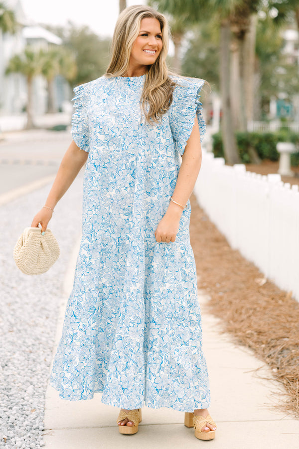 Chic Soul plus size clothing, blue and white floral patterned tiered flowy maxi dress with flutter ruffle cap sleeves