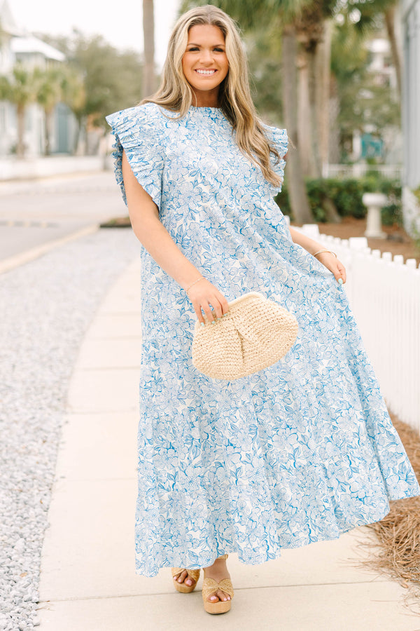 Chic Soul plus size clothing, blue and white floral patterned tiered flowy maxi dress with flutter ruffle cap sleeves