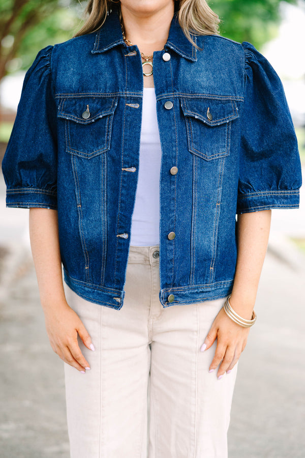 Plus Size dark wash denim jacket with puff short sleeves, button front, and chest pockets.