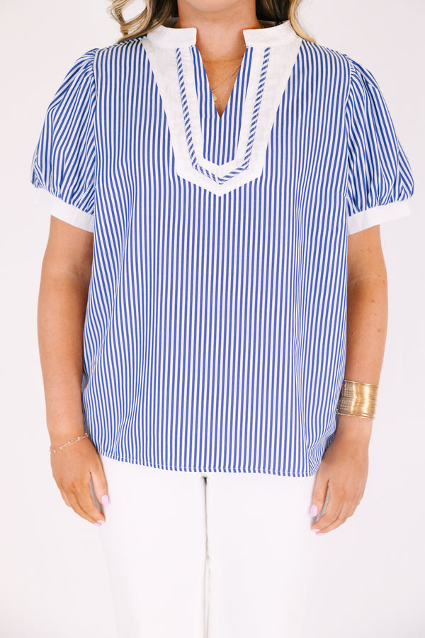 Chic Soul plus size clothing, blue striped top with bubble sleeves that has white cuffs at the end of the sleeves as well as white outlining the v-neckline
