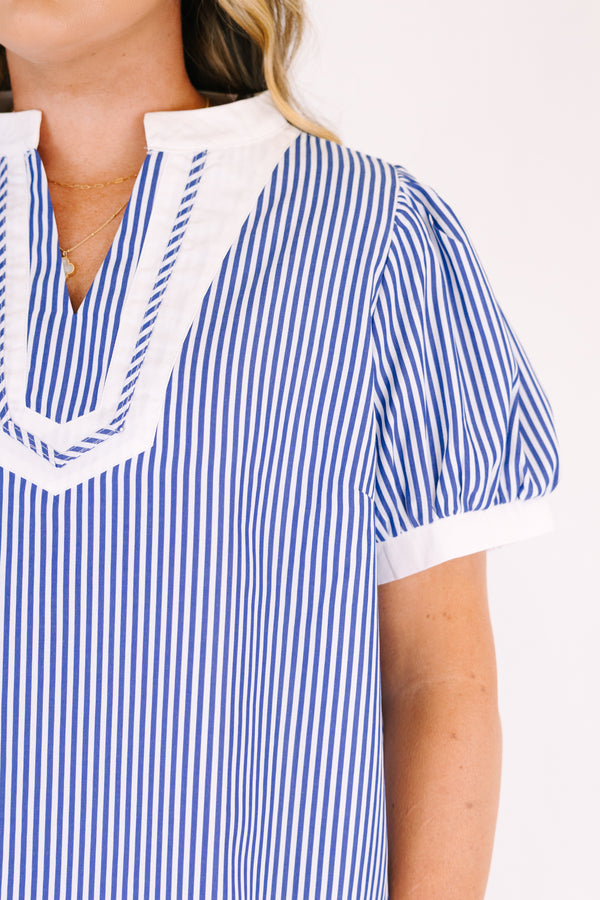 Chic Soul plus size clothing, blue striped top with bubble sleeves that has white cuffs at the end of the sleeves as well as white outlining the v-neckline