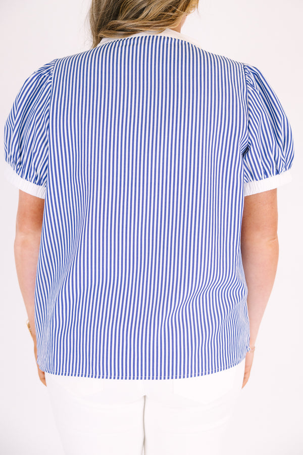 Chic Soul plus size clothing, blue striped top with bubble sleeves that has white cuffs at the end of the sleeves as well as white outlining the v-neckline