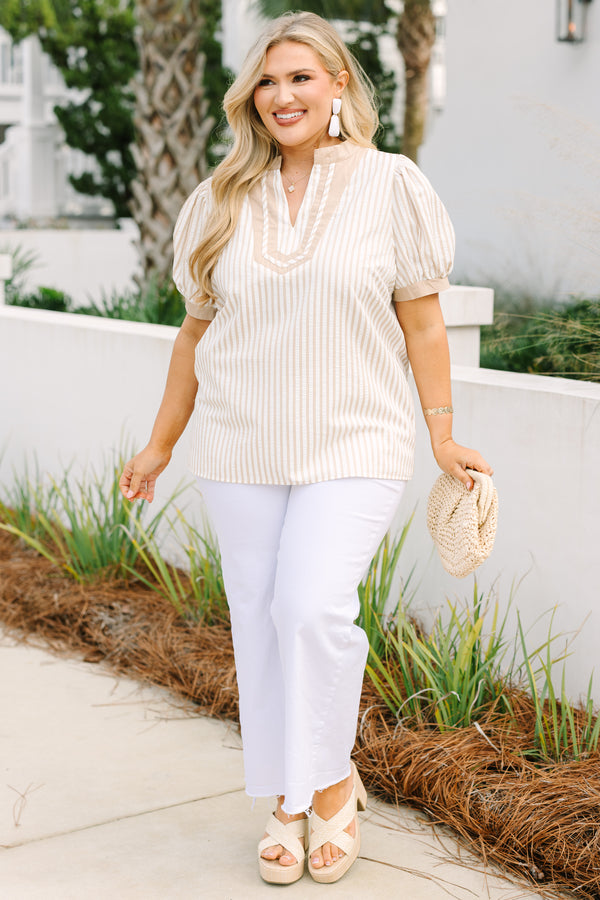 Chic Soul plus size clothing, brown striped top with short bubble sleeves that have  light brown cuffs at the end of each sleeve and two stripes outlining the V-neckline
