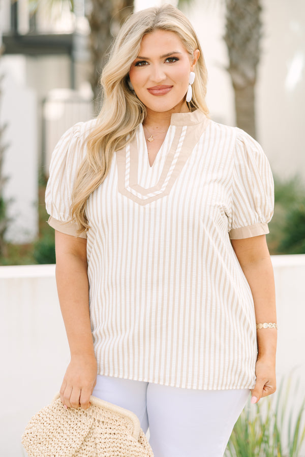 Chic Soul plus size clothing, brown striped top with short bubble sleeves that have  light brown cuffs at the end of each sleeve and two stripes outlining the V-neckline