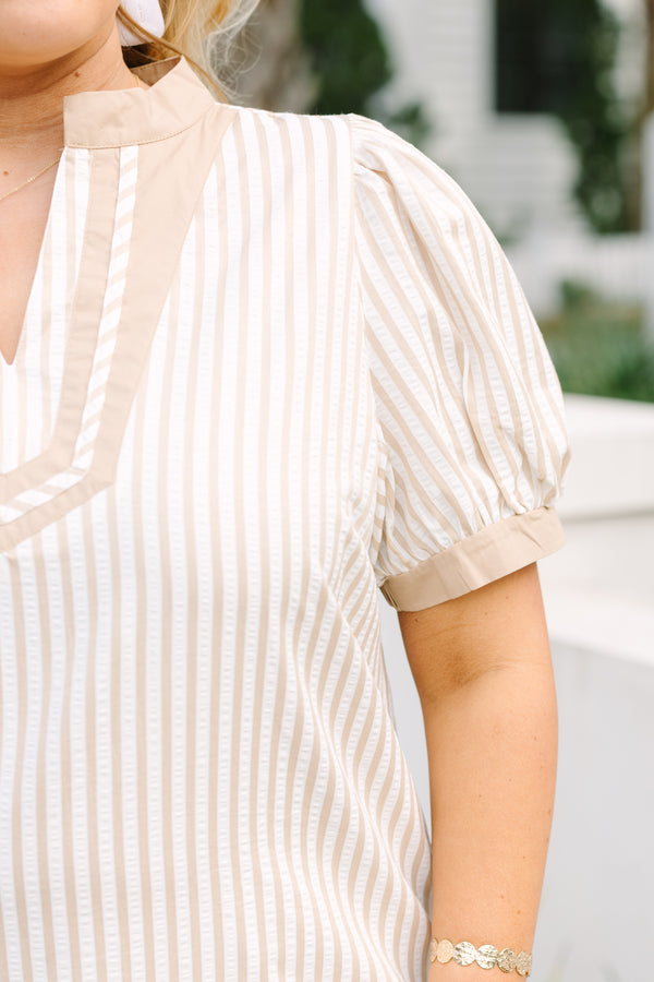 Chic Soul plus size clothing, brown striped top with short bubble sleeves that have  light brown cuffs at the end of each sleeve and two stripes outlining the V-neckline