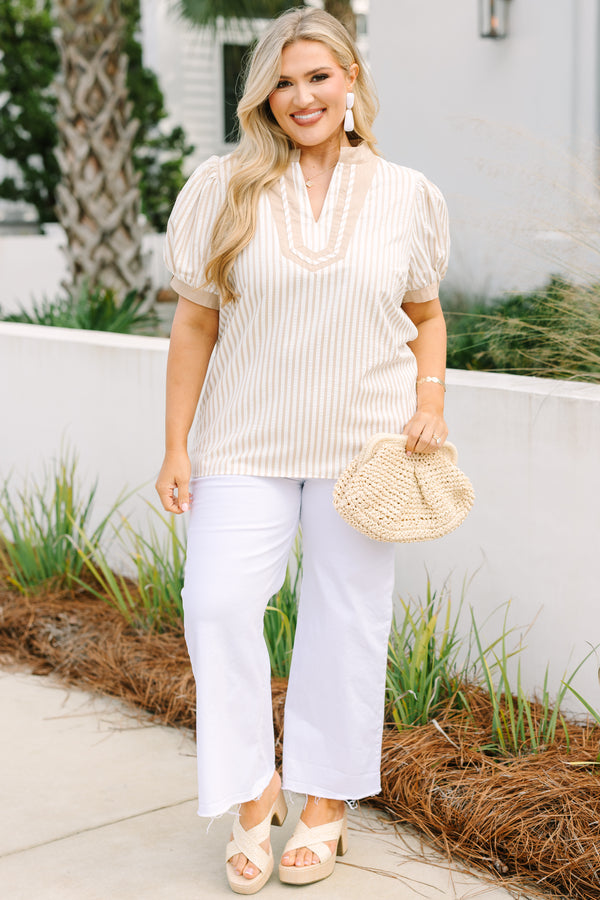 Chic Soul plus size clothing, brown striped top with short bubble sleeves that have  light brown cuffs at the end of each sleeve and two stripes outlining the V-neckline