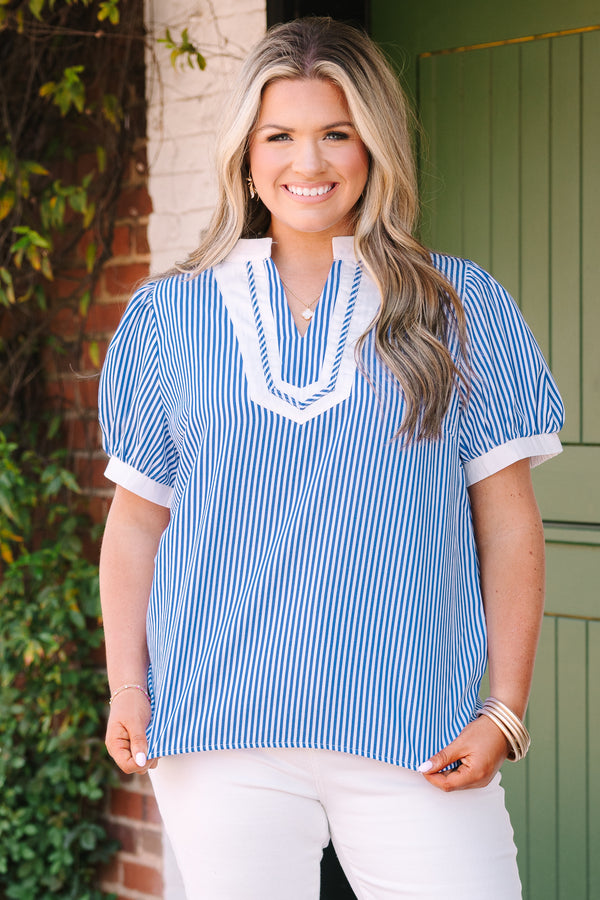 Chic Soul plus size clothing, blue striped top with bubble sleeves that has white cuffs at the end of the sleeves as well as white outlining the v-neckline