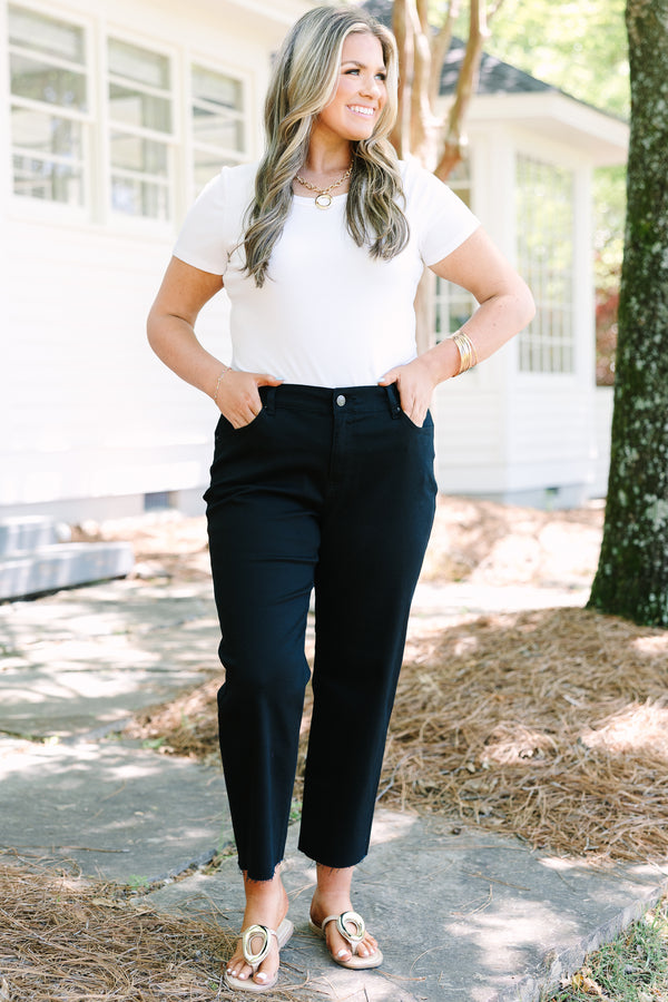 Chic Soul plus size clothing, black jeans with relaxed fit and raw hemline
