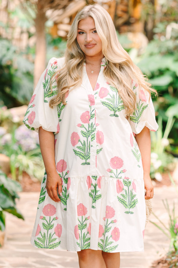 Chic Soul plus size clothing, white knee length dress with bubble sleeves and a pink and green floral block pattern 