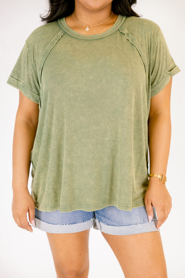 Chic Soul plus size clothing, light olive short sleeve casual top with cuffed sleeves and distressed hems 