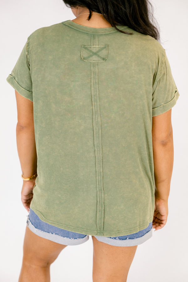Chic Soul plus size clothing, light olive short sleeve casual top with cuffed sleeves and distressed hems 