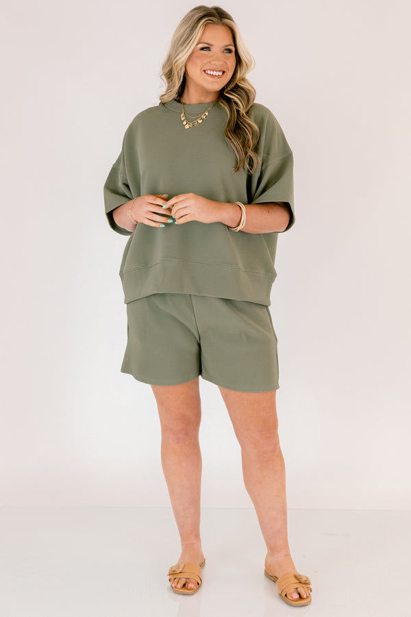 Chic Soul plus size clothing, light olive green short sleeve crewneck top with elastic waistband shorts making a matching set
