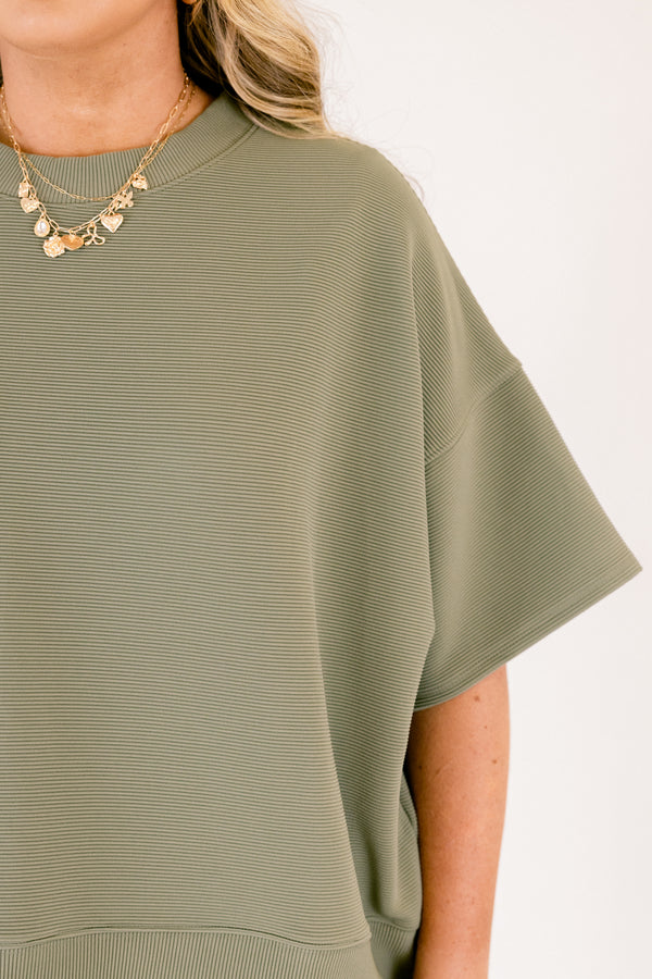 Chic Soul plus size clothing, light olive green short sleeve crewneck top with elastic waistband shorts making a matching set