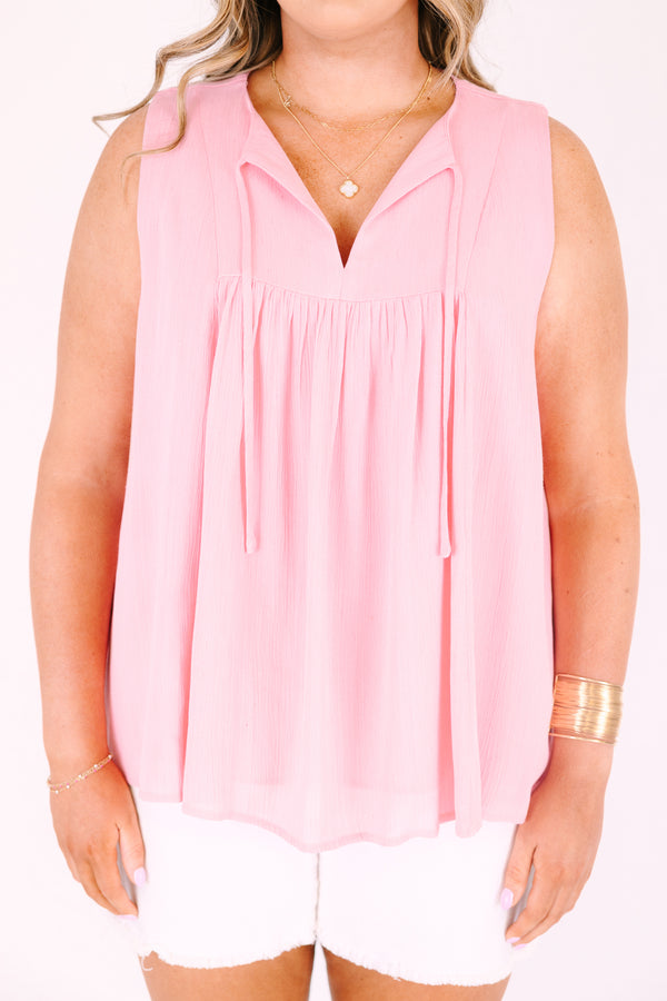Chic Soul plus size size clothing, pink sleeveless tank with an open v cut out and a bow that ties the top of the cut out together 