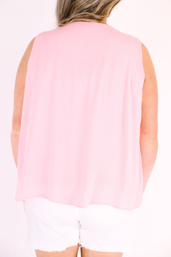 Chic Soul plus size size clothing, pink sleeveless tank with an open v cut out and a bow that ties the top of the cut out together 