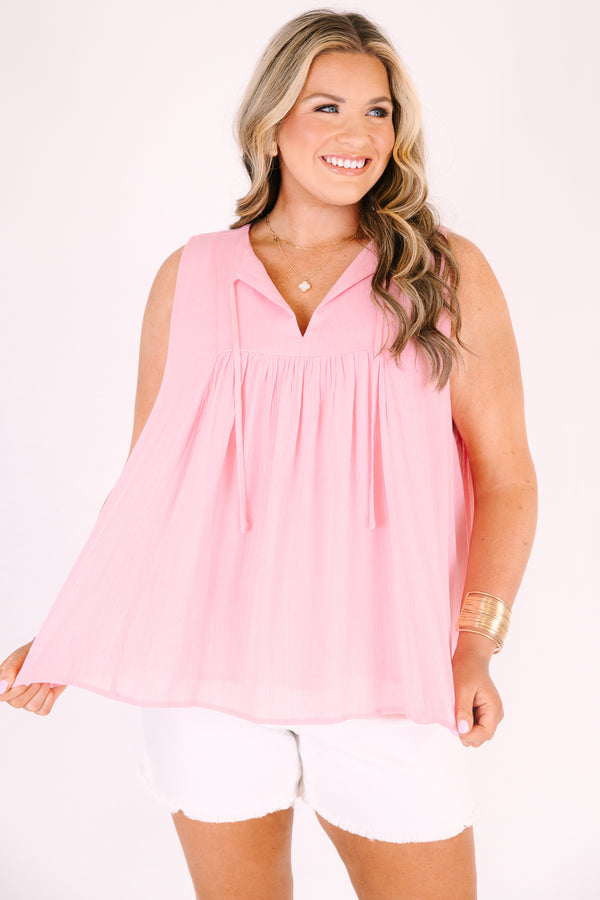 Chic Soul plus size size clothing, pink sleeveless tank with an open v cut out and a bow that ties the top of the cut out together 