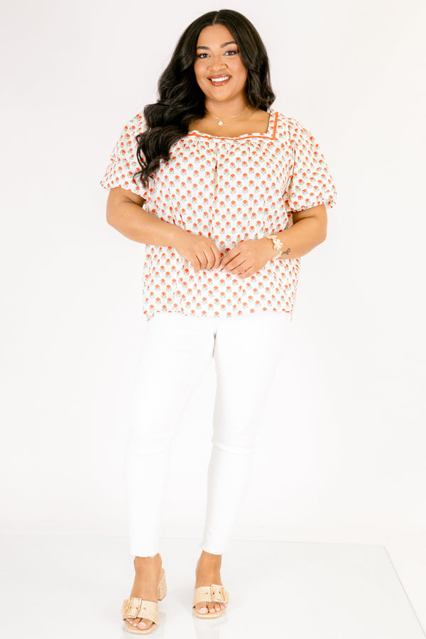 Chic Soul plus size clothing, cream puff sleeve square neck top with red block floral print and red trim detailing