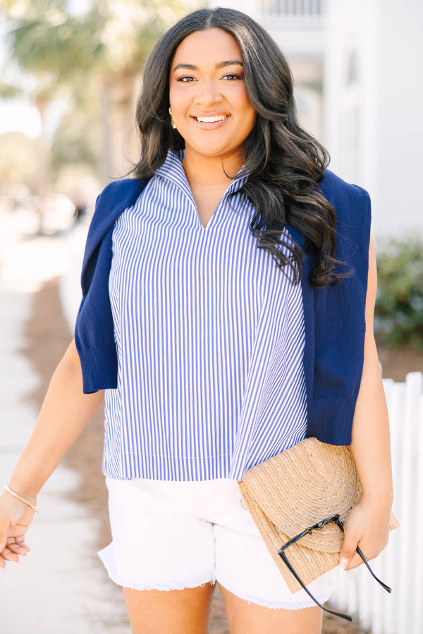 Chic Soul plus size clothing, blue striped sleeveless tank with a slight v-neckline and a flare out collar 