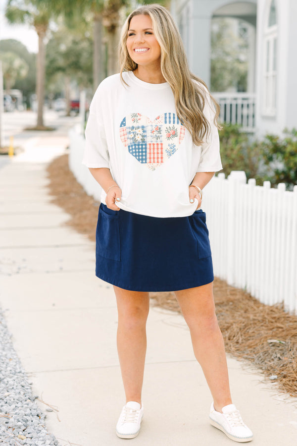 Chic Soul plus size clothing, white short sleeve vintage wash cropped tee with patchwork red white and blue flowers and patterns inside of a heart