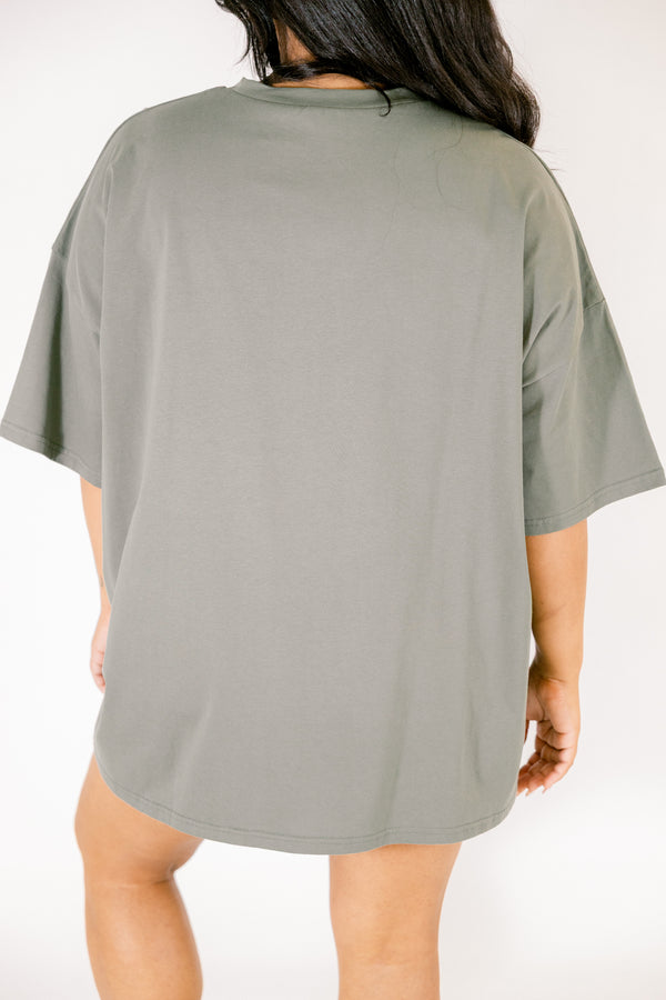 Chic Soul plus size clothing, dark olive green short sleeve boyfriend tee with patchwork patterned bow in the middle