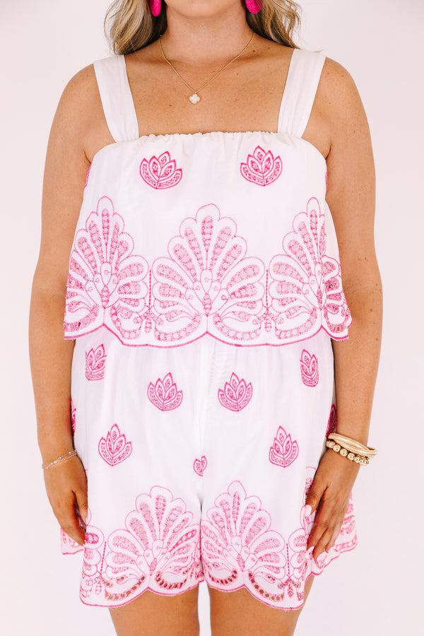 Chic Soul plus size clothing, white sleeveless romper with overlay on the chest area as well as a pink eyelet detailed pattern 
