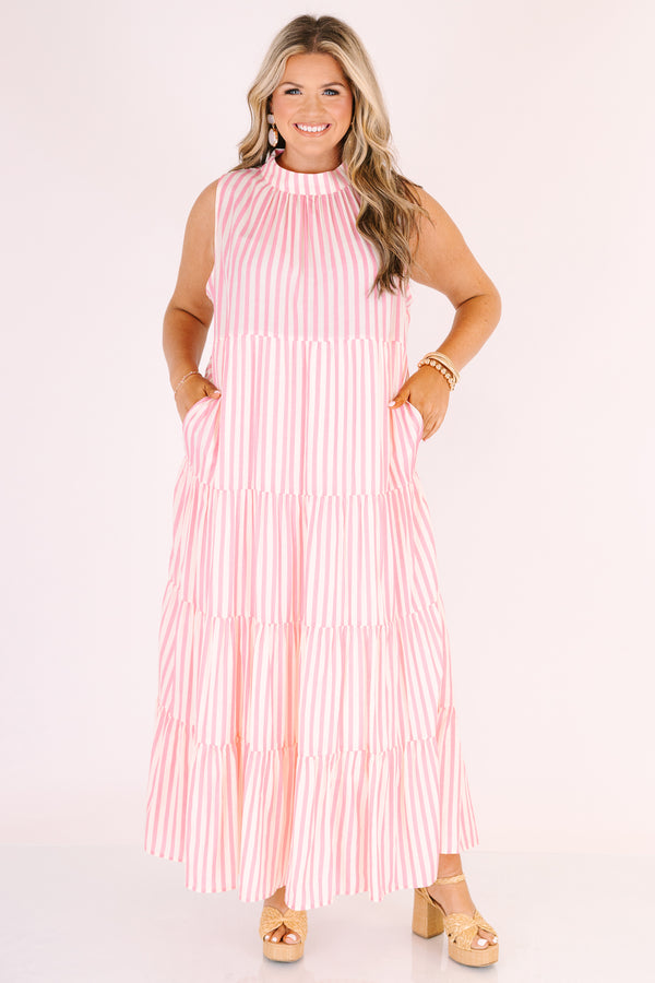 Chic Soul plus size clothing, pink sleeveless tiered maxi dress with a high neck and a striped pattern  