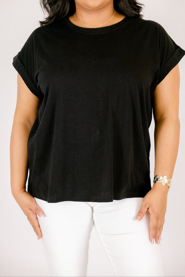 Plus Size black crew neck cotton t-shirt with cuffed short sleeves.