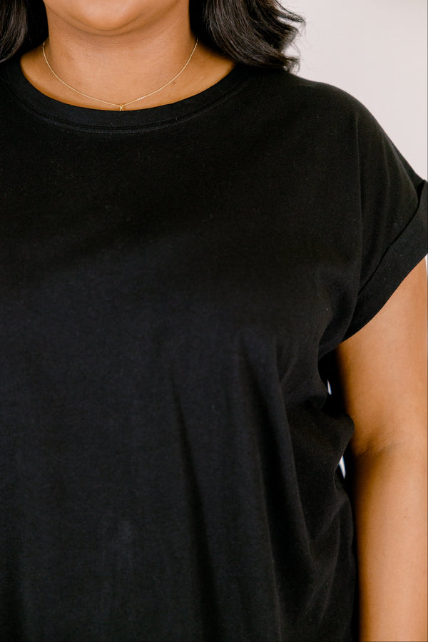 Plus Size black crew neck cotton t-shirt with cuffed short sleeves.