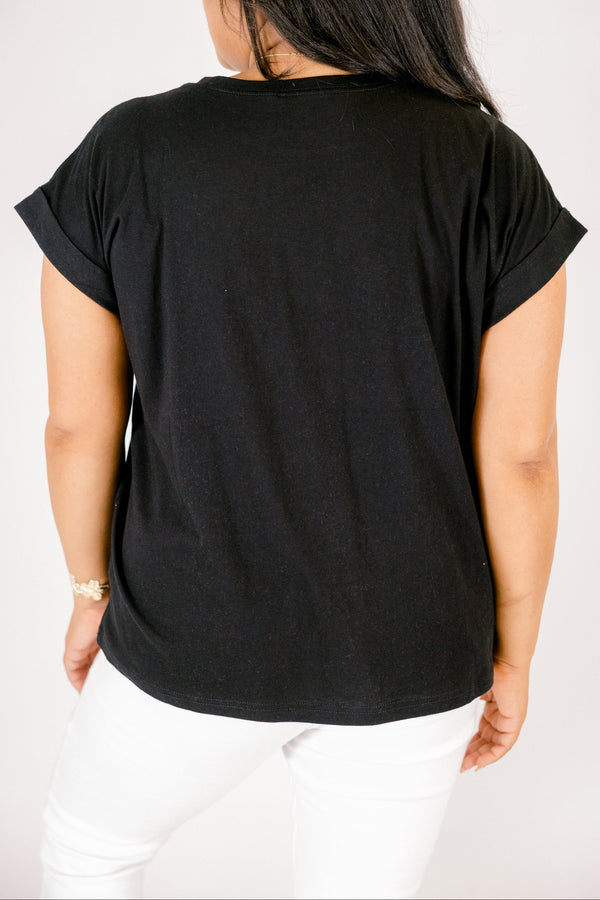 Plus Size black crew neck cotton t-shirt with cuffed short sleeves.