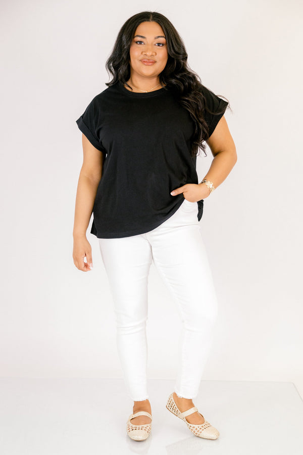 Plus Size black crew neck cotton t-shirt with cuffed short sleeves.