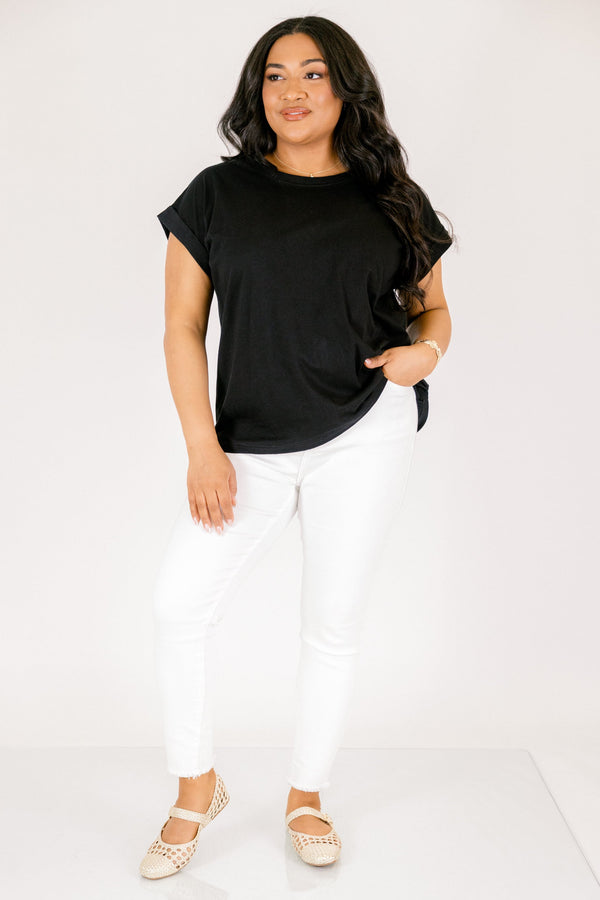 Plus Size black crew neck cotton t-shirt with cuffed short sleeves.